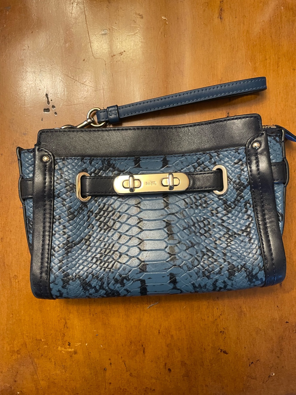 Coach-Blue Snake-Print Wristlet Clutch with Gold Hardware